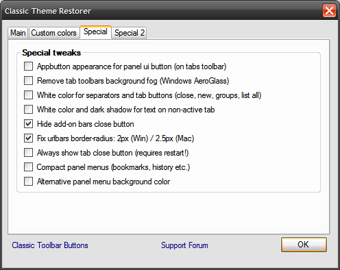 Особые настройки Classic Theme Restorer
