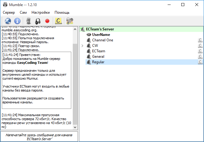 Первое подключение к серверу Mumble