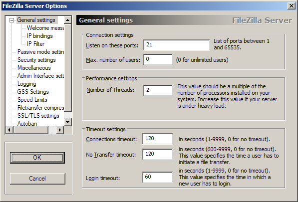 Настройки FileZilla Server